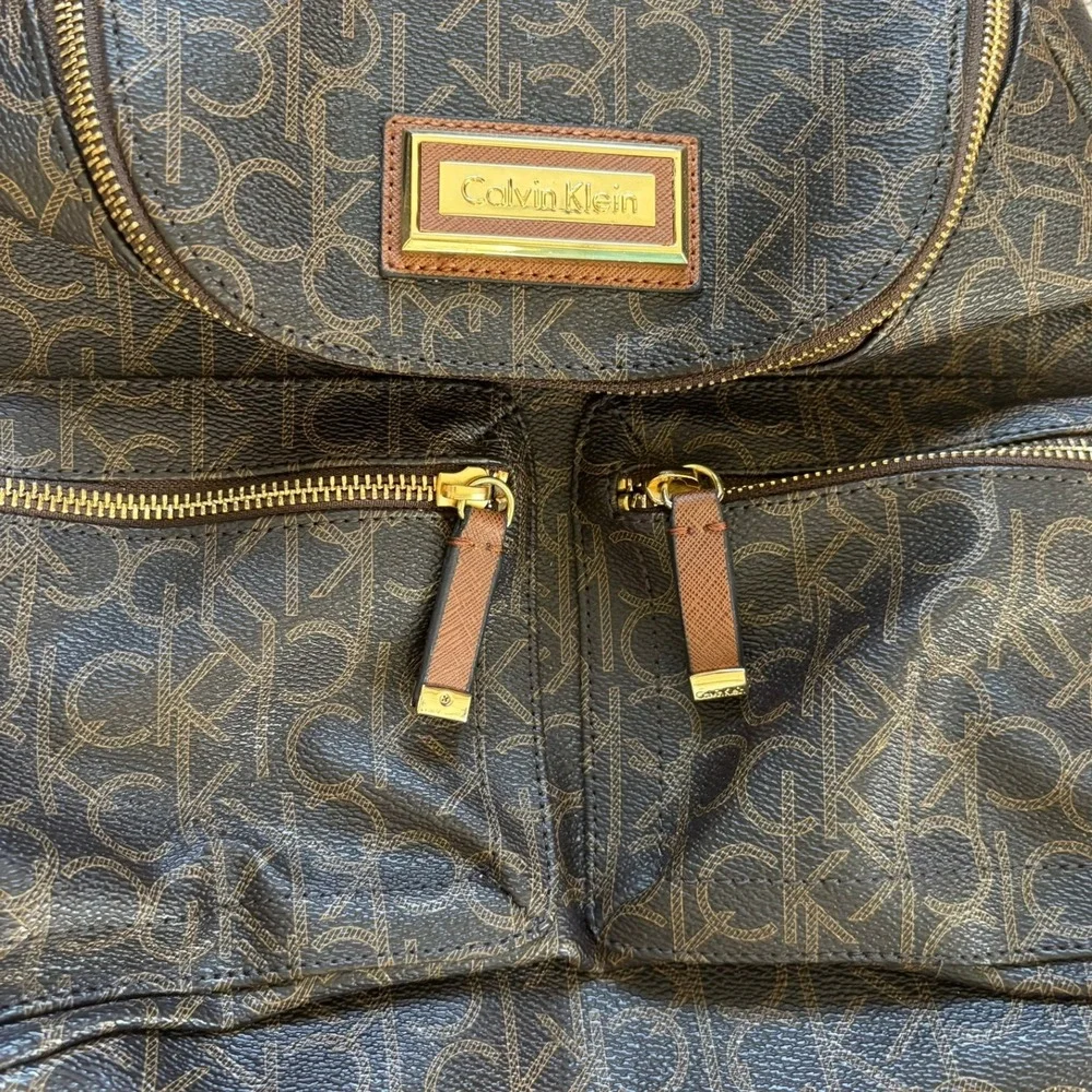 Calvin Klein Monogram Logo Faux Leather Backpack Brown‎ Gold Chic Designer